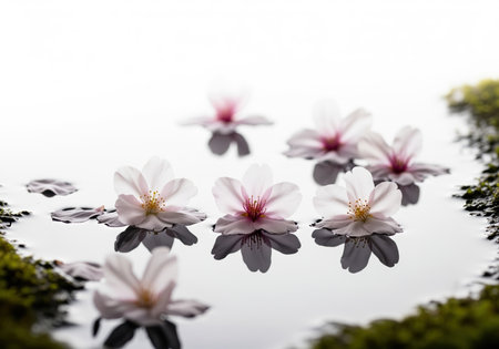 Delicate pale pink cherry blossoms floating on a calm, reflective water surface, framed by dark moss. high key lighting emphasizes tranquility and spring beauty.の素材