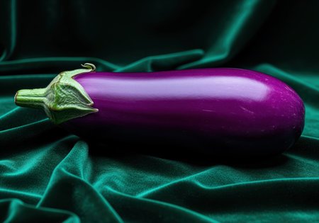 Single glossy purple eggplant vegetable resting horizontally on a draped, rich dark green velvet textile. studio shot emphasizing color contrast, freshness, and luxurious texture. perfect for food, cooking, or luxury concepts.の素材