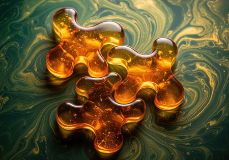 Translucent amber resin puzzle pieces clustered together, glowing against a dramatic, swirling dark green and metallic gold marble background. abstract concept of connection, solution, and luxury.の素材