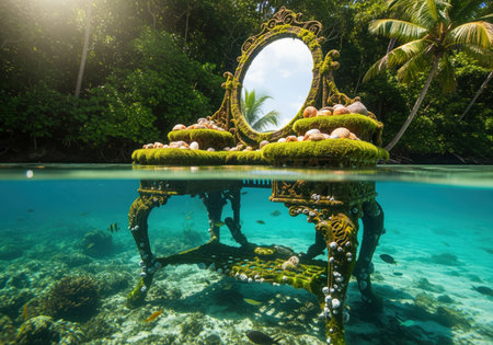 Antique ornate vanity table with mirror half submerged in crystal clear tropical ocean water. the surface is covered in green moss and seashells, contrasting with the lush jungle background. underwater, the legs are encrusted with marine life and small fish swim around the coral reef.の素材