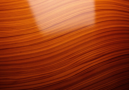 Highly polished, rich brown wood grain texture featuring tightly packed, wavy horizontal lines and a glossy reflective surface. ideal abstract background.の素材
