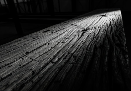 Distressed timber surface in monochrome, dramatically lit to emphasize deep texture, cracks, and natural wood grain. rustic and abstract background concept.の素材
