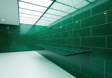 Vibrant emerald green subway tile wall in a sleek modern interior, featuring a cantilevered black glass shelf, bright white floor, and minimalist lighting.の素材