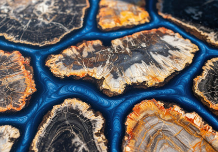Petrified wood slices forming an abstract mosaic pattern, separated by veins of swirling, vibrant blue epoxy resin. detailed macro texture shot of a unique decorative surface.の素材