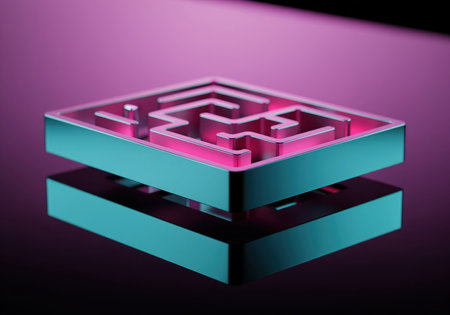 Metallic maze structure floating above a reflective dark surface, dramatically lit with vibrant pink and cyan neon colors. symbolizing complexity, challenge, and strategy.の素材