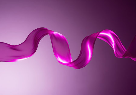 Dynamic, glossy magenta silk fabric ribbon flowing in a wave pattern across a vibrant purple gradient background. abstract concept of motion, elegance, and luxury.の素材