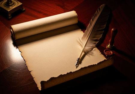 Blank, aged parchment scroll partially unfurled on a dark wood surface, accompanied by a feather quill pen, sealing wax stamp, and red wax seal. represents history, literature, and ancient documents.の素材