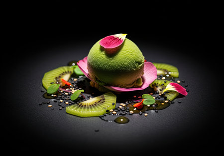 Green sorbet scoop, possibly matcha or kiwi flavor, presented artistically on a dark surface. garnished with fresh kiwi slices, pink flower petals, black sesame seeds, and microgreens, emphasizing fine dining and gourmet presentation.の素材