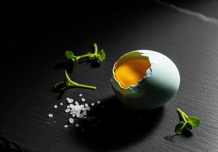 Single cracked blue egg with bright yolk, surrounded by coarse salt and microgreens, presented on a dark, moody culinary background.の素材