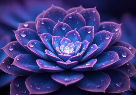 Vibrant blue and purple succulent rosette plant covered in glistening water drops. macro view highlighting the intricate fractal pattern of the leaves and the reflective dew. abstract nature background.の素材