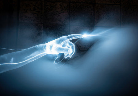 Ethereal, glowing blue hand reaching forward in a dark, smoky environment. the index finger emits a bright, futuristic energy spark, symbolizing touch, connection, power, and technology.の素材