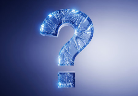 Large 3D question mark symbol made of fractured, luminous blue ice, floating against a dark, mysterious background. represents inquiry, doubt, and searching for answers.の素材