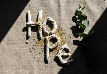 Word hope spelled out using white, organic driftwood pieces sprinkled with gold flakes, placed on textured linen fabric next to a eucalyptus branch under dramatic light.の素材