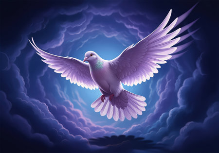 White dove flying with wings spread, illuminated by light, against a backdrop of dark, swirling purple and blue storm clouds. symbolizing peace, freedom, spirituality, and divine guidance.の素材
