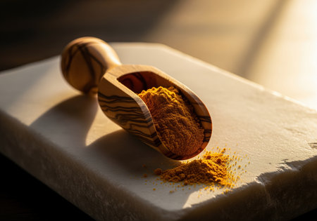 Turmeric spice powder in a small olive wood scoop, resting on a rough white marble slab under dramatic lighting. focus on cooking, flavor, health, and natural ingredients.の素材