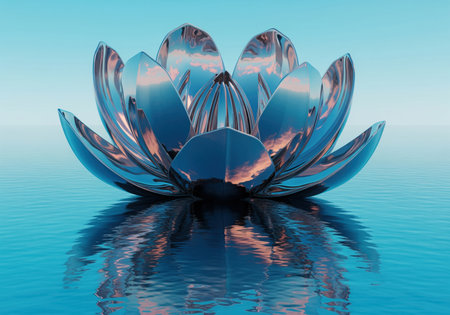 Polished chrome metal lotus flower floating on a tranquil surface of blue water, featuring strong reflections of the sky and surrounding environment. this abstract 3D illustration symbolizes purity and luxury.の素材
