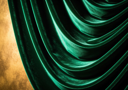 Luxurious emerald green velvet curtain draped in heavy folds, illuminated dramatically against a warm, golden background. rich textile texture for design and elegance concepts.の素材
