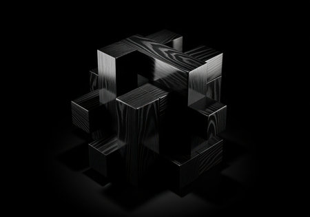 Complex geometric structure composed of interlocking dark wood blocks with visible grain texture, presented in high contrast on a black background. abstract concept of connection and complexity.の素材