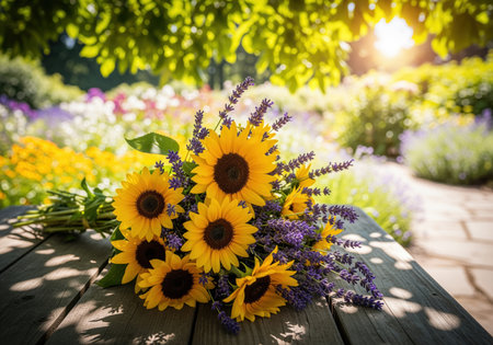 Vibrant bouquet of yellow sunflowers and purple lavender lying on a rustic wooden surface. bright summer garden background with dappled sunlight, lush greenery, and natural beauty.の素材