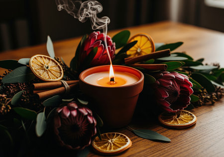 Lit beeswax candle in a terracotta pot casting a warm glow, with delicate smoke rising. surrounded by a festive arrangement of cinnamon sticks, dried orange slices, eucalyptus, and dark red protea flowers on a wooden table.の素材