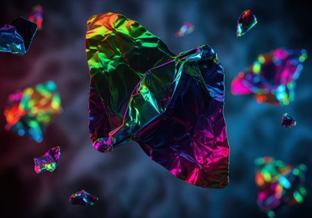 Iridescent crumpled foil fragments floating dynamically against a dark, smoky background. vibrant neon colors reflect off the textured surface, creating an abstract, futuristic aesthetic.の素材