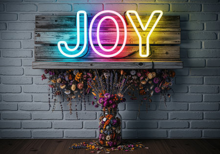 Vibrant neon sign spelling JOY illuminates dried flowers hanging from a rustic shelf against a gray brick wall, symbolizing happiness and celebration.の素材