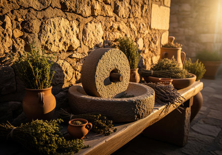 Traditional stone grinding mill and dried mediterranean herbs, including thyme and lavender, resting on a rustic wooden bench against a textured stone wall bathed in warm sunlight.の素材