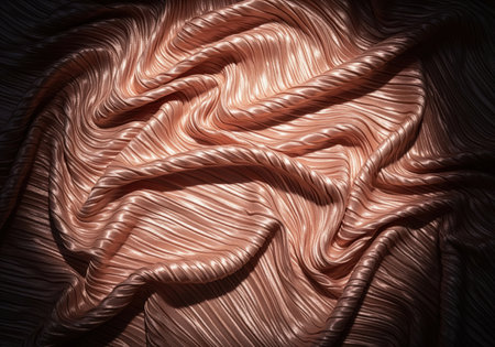 Shimmering rose gold metallic pleated fabric texture background, draped with deep folds and dramatic shadows. abstract, luxurious, and elegant material pattern for design use.の素材