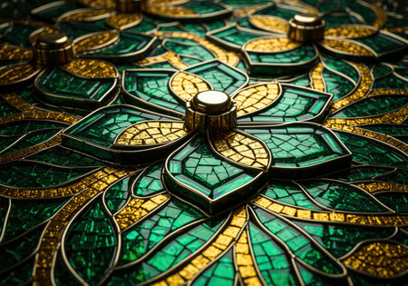Intricate abstract floral mosaic pattern crafted from vibrant emerald green glass tiles and shimmering gold metallic elements. detailed geometric luxury background texture.の素材