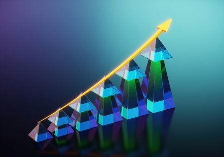 Abstract 3D visualization of a growth chart featuring stacked iridescent glass pyramids increasing in height, symbolizing financial success, progress, and upward business trend.の素材