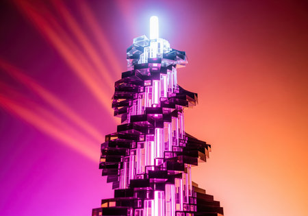 Futuristic crystal spiral tower structure built from polished translucent blocks, illuminated by vibrant pink neon light and glowing beams against a gradient background.の素材