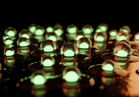 Futuristic glowing neon green liquid spheres arranged on a dark, wet, reflective surface. abstract macro concept showing surface tension, nanotechnology, and scientific research.の素材