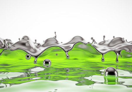 Vibrant neon green fluid surface reflecting light, topped by a dynamic splash of thick, glossy metallic silver liquid. several reflective silver drops are suspended in the scene, isolated on white.の素材