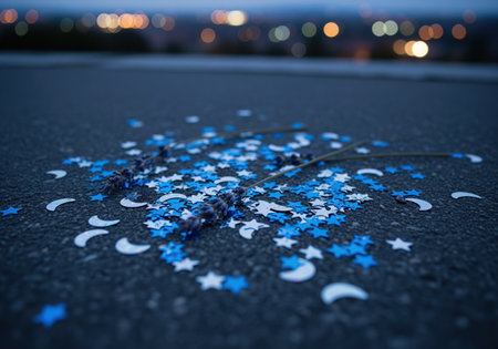 Blue and silver star and crescent moon confetti scattered on dark asphalt pavement outdoors at night. blurred city lights create a warm bokeh effect in the background, suggesting a celebration or dreamlike state.の素材
