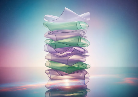 Towering stack of abstract, flowing, sheer fabric layers, alternating between lavender and mint green, reflecting on a glossy, colorful surface with a gradient background.の素材