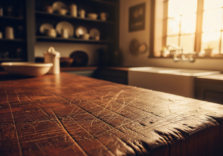 Heavily distressed dark wooden butcher block countertop surface with deep grooves and visible wear marks, set in a warm, rustic farmhouse kitchen interior with bright sunlight.の素材