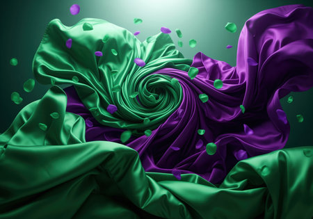 Dynamic swirl of luxurious emerald green and amethyst purple silk fabric creating a dramatic abstract texture background. floating petals enhance the movement.の素材