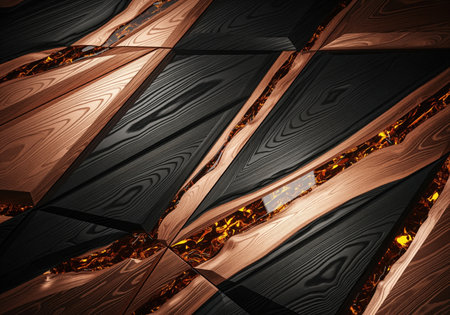 Abstract geometric wood paneling featuring interlocking dark ebony and light copper wood grain textures. cracked lines filled with glowing amber resin create a luxurious, high contrast background design.の素材