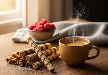 Steaming hot coffee in a mustard mug placed beside a stack of chocolate hazelnut wafer rolls dusted with sugar, accompanied by a bowl of fresh red raspberries on a rustic wooden surface. perfect for breakfast or dessert.の素材