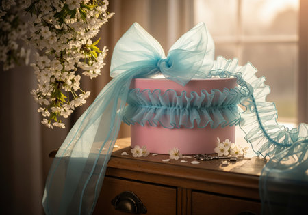 Pastel pink round gift box decorated with a sheer, ruffled sky blue organza ribbon and large bow, placed on a wooden surface near white spring blossoms. concepts, celebration, femininity, romance, wedding, baby shower, luxury packaging.の素材