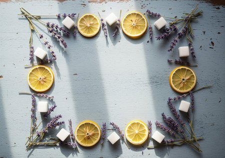 Dried lavender sprigs, bright lemon slices, and white sugar cubes arranged as a decorative border on a rustic blue wood table. top view with copy space and sunlight.の素材