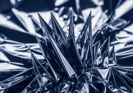 Sharp, highly reflective metallic spikes forming an abstract, crystalline structure against a crumpled texture background. deep indigo and silver blue duotone scheme.の素材