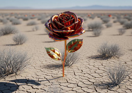 Iridescent metallic rose, crafted from polished copper and shimmering gold, stands alone in a vast, cracked dry desert landscape. symbolic of resilience and survival in arid environments.の素材
