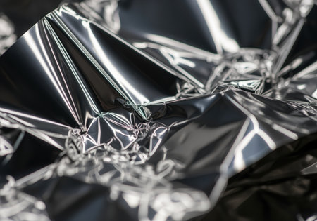 Crumpled silver metallic foil texture, featuring intense reflections and deep shadows. abstract background showcasing shiny, wrinkled material surface detail.の素材