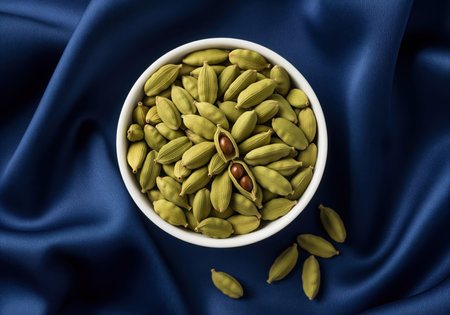 Green cardamom pods, some split open revealing brown seeds, filling a white bowl. presented on a luxurious, deep blue silk background. exotic spice ingredient for cooking and baking.の素材