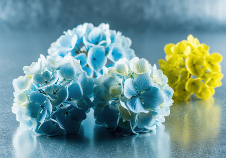 Hydrangea blossoms in shades of icy blue, cyan, and vibrant yellow arranged on a highly reflective, cool toned metallic surface. studio shot emphasizing contrast and stylized color.の素材