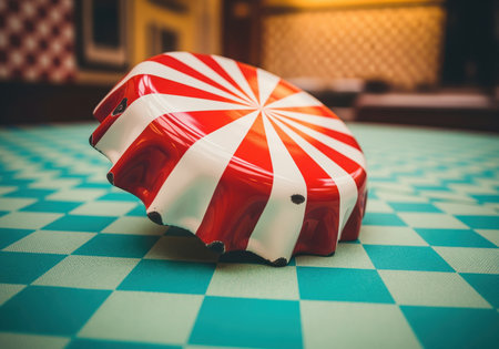 Oversized, shiny red and white object resembling a vintage soda bottle cap, featuring a radial candy stripe pattern, placed on a vibrant teal and white checkered tabletop. retro still life concept.の素材