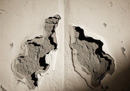 Crumbling stucco wall texture rendered in a warm sepia tone. peeling paint reveals rough concrete underneath, creating a grunge and decay background.の素材