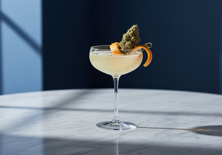 Refreshing cannabis infused cocktail served in a coupe glass, garnished with a marijuana bud and orange peel on a white marble table. modern luxury drink concept.の素材