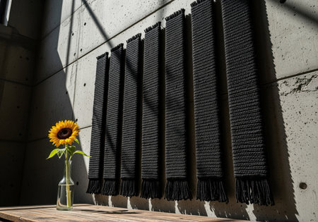 Sunflower in a glass vase on a wooden table, dramatically lit by sunlight and shadows against a textured concrete wall adorned with seven vertical black woven textile hangings.の素材